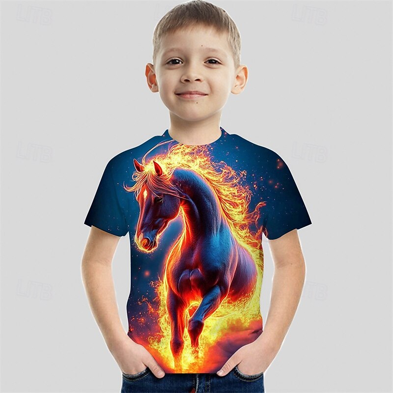 Boys 3D Horse T shirt Tee Short Sleeve Summer Spring Fashion Basic Kids 4-12 Years Crew Neck Outdoor Casual Daily Regular Fit3
