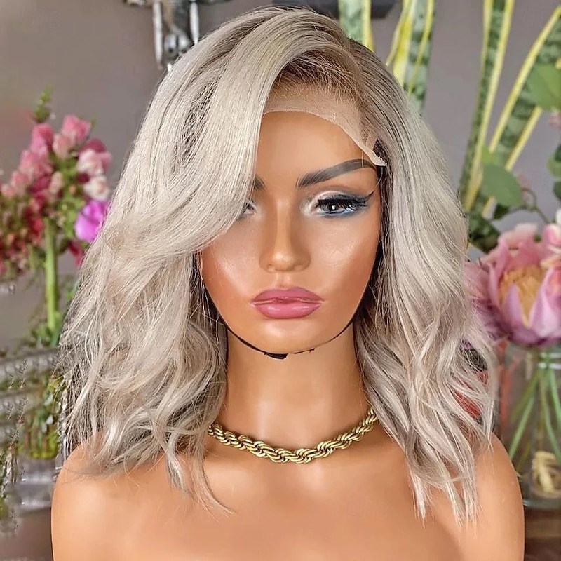 Brazilian Remy Human Hair Ombre Glueless 5x5 Lace Closure Wigs  Short Bob Wavy 13x4 Lace Front Wig Ash Blonde Human Hair Wig with Baby Hair Natural Hairline For Women2