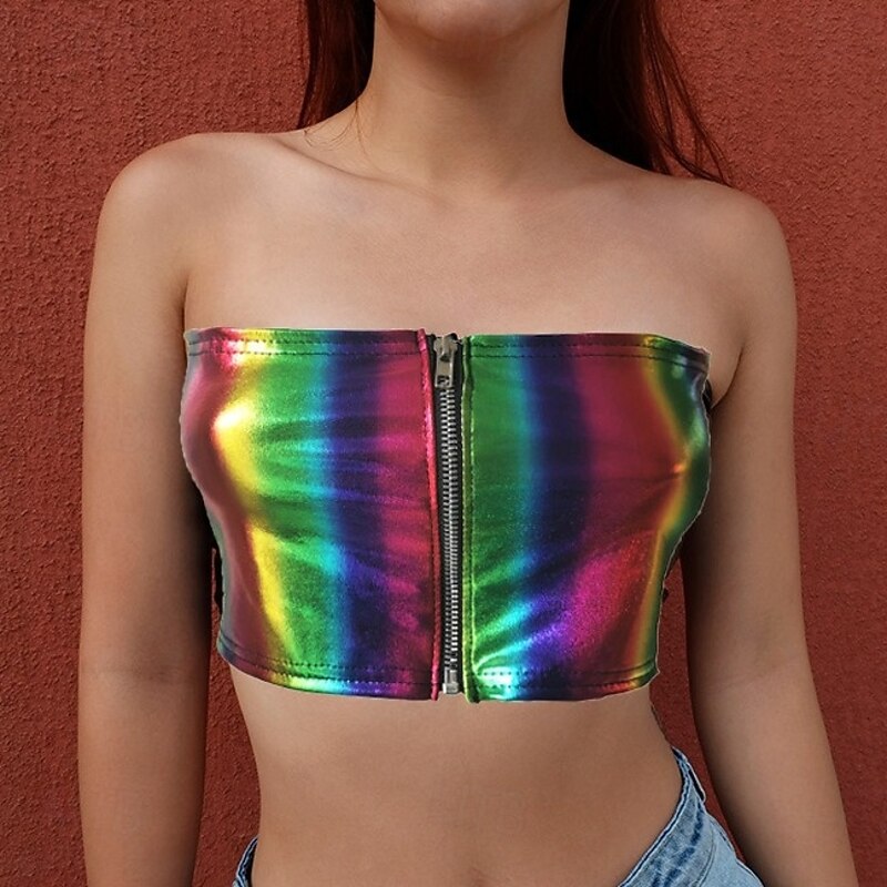 Retro Vintage 1980s Tube Top Disco Shiny Latex Patent Metallic Rainbow Fancy Dress Women's Halloween Carnival Pride Parade Pride Month Adults Corset Summer
