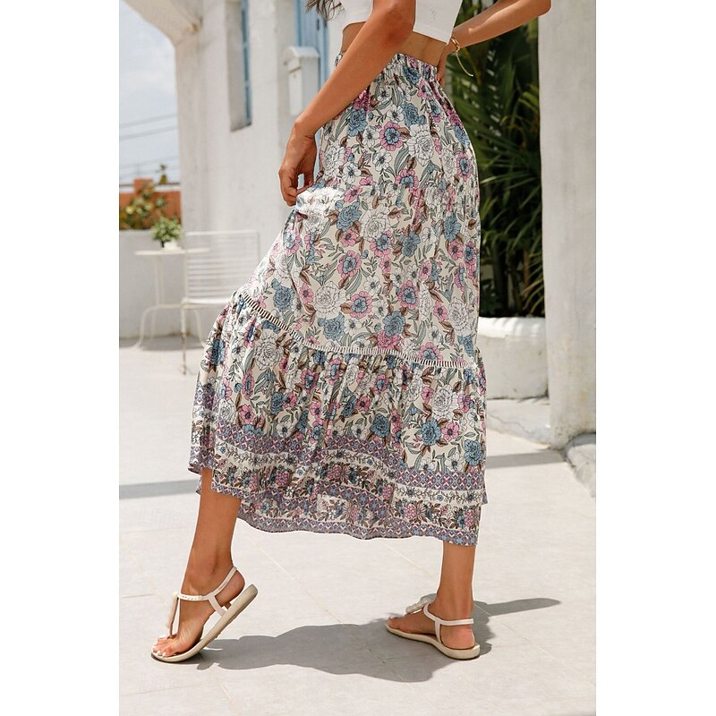 Women's Skirt Bohemia Casual Boho Maxi Mid Rise Skirts Floral Print Micro-elastic Vacation Street Almond Red Blue Orange Summer Rayon3