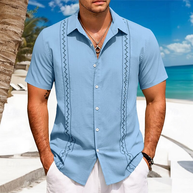 Men's Shirt Linen Shirt Guayabera Shirt Summer Shirt Beach Shirt Vacation Casual White Green Light Blue Short Sleeve Collar Summer Spring Clothing Apparel