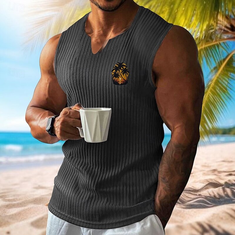 Men's Vest Top Undershirt Sleeveless Shirt Sleeveless V Neck Spring & Summer Pattern Fashion Designer Vacation Street Going out White Wine Dark Navy Top Tee for Men