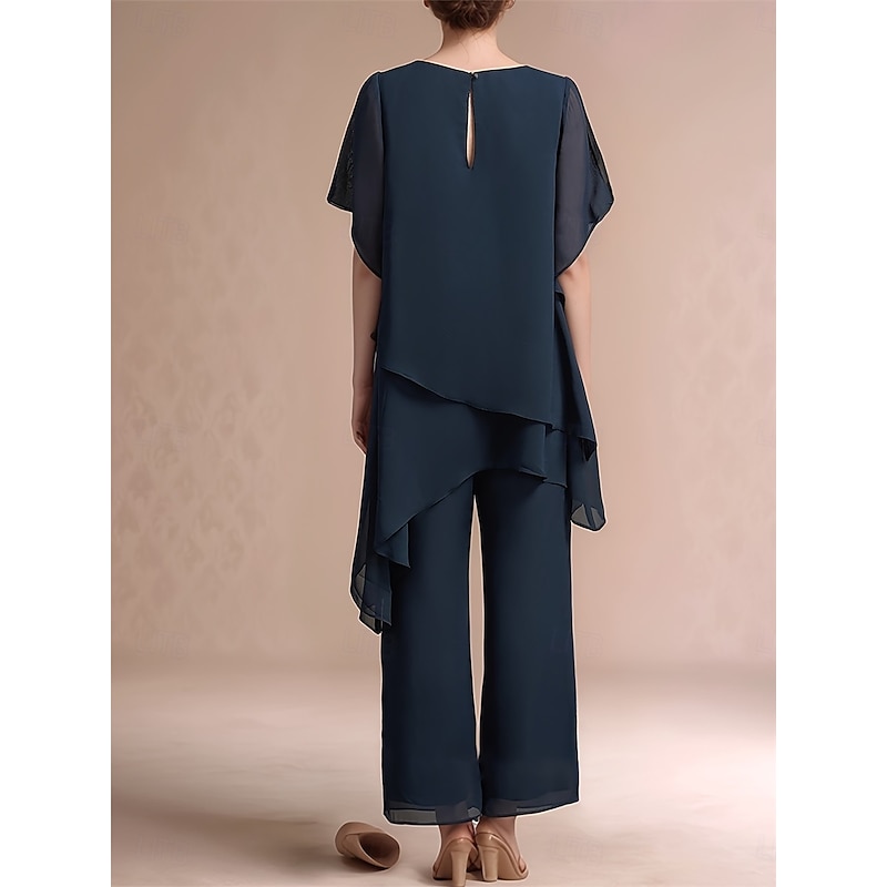 Pantsuit 2 Piece Mother of the Bride Dress Classic Crew Neck Elegant Asymmetrical Chiffon Short Sleeve with Solid Color3