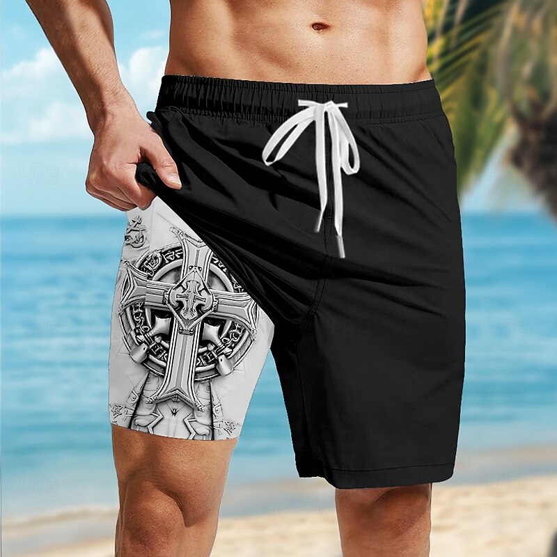 Men's Gothic Horror Dark Celtic Cross Lined Shorts 2 in 1 Board Shorts Swim Shorts Mid Waist Hawaiian Retro Vintage Holiday Streetwear Side Pockets With Compression Liner Elastic Drawstring Waist