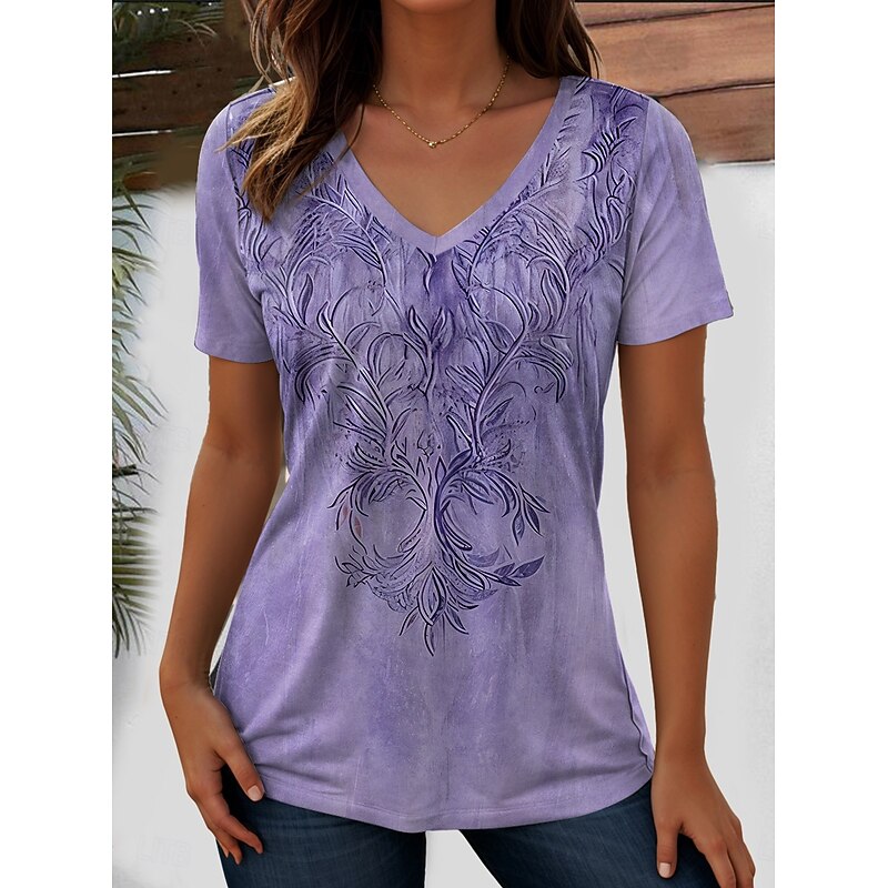 Women's T Shirt Graphic Paisley Bohemia Stylish Casual Short Sleeve V Neck Regular Tops Daily Weekend Beach Wear Print White / Black Black Red Light Brown Purple Summer3