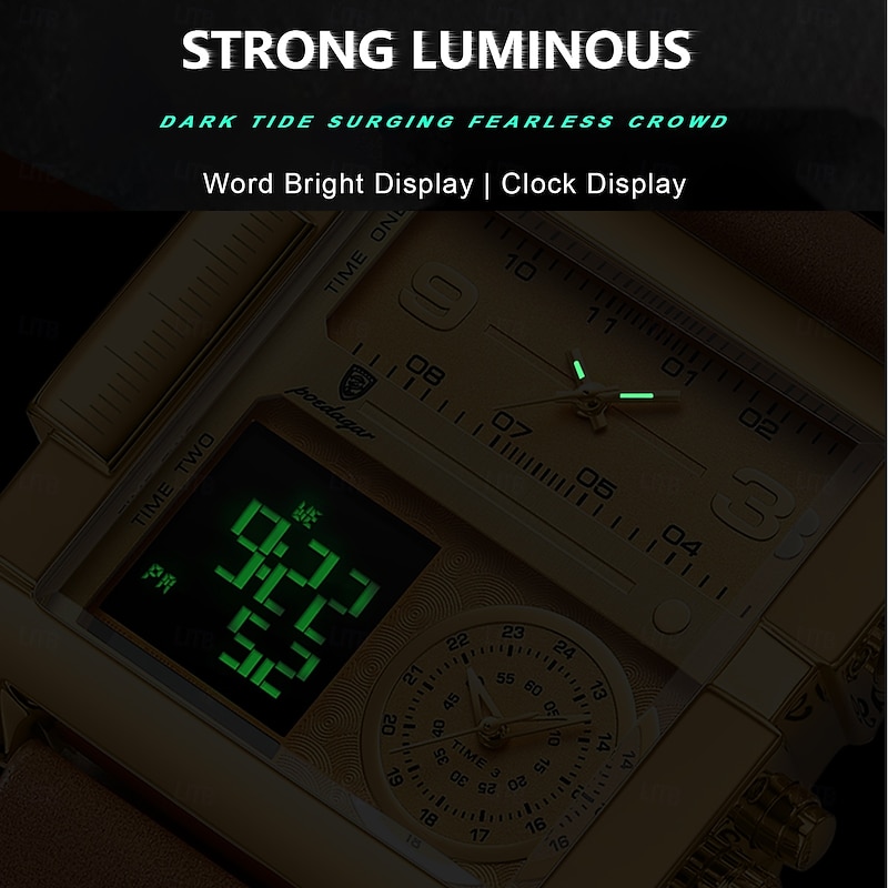 Men Digital Watch Quartz Watch Retro Vintage Large Dial Wristwatch LED Back Light Chronograph Waterproof Genuine Leather Watch3