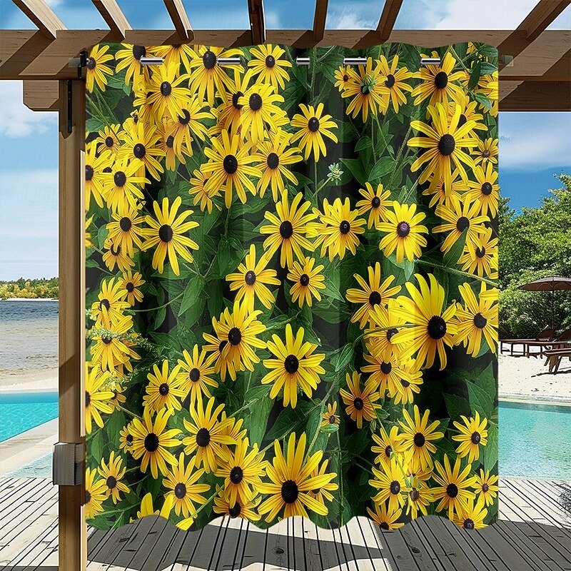 Waterproof Outdoor Curtain Privacy, Sliding Patio Curtain Drapes, Pergola Curtains Grommet 3D Summer Daisy Landscape For Gazebo, Balcony, Porch, Party, 1 Panel2