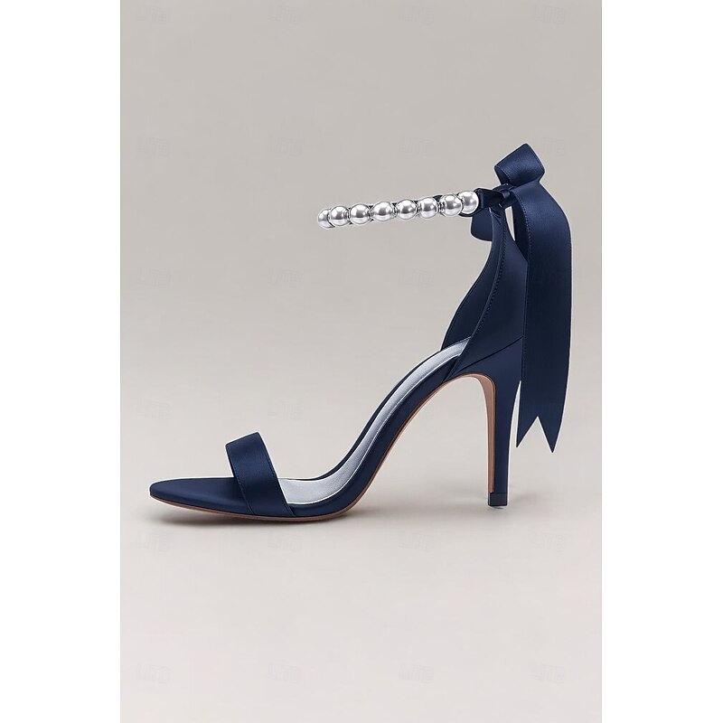 Women's Navy Satin High Heel Sandals – Pearl Ankle Strap Stiletto Heels with Ribbon Bow for Weddings and Elegant Cocktail Party and Special Occasions4