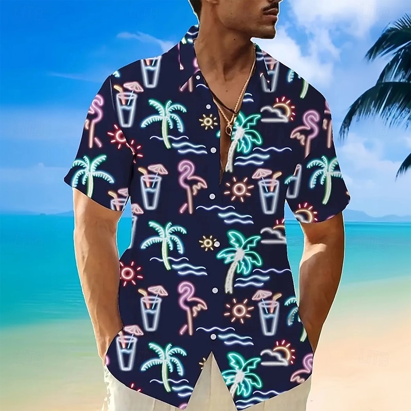 Men's Palm Leaf Tropical Plants Neon Shirt Summer Hawaiian Shirt Button Up Shirt Short Sleeve Hawaiian Vacation Holiday Beach Wear Summer Spring Turndown 3D Print Collared Shirts Dark Blue
