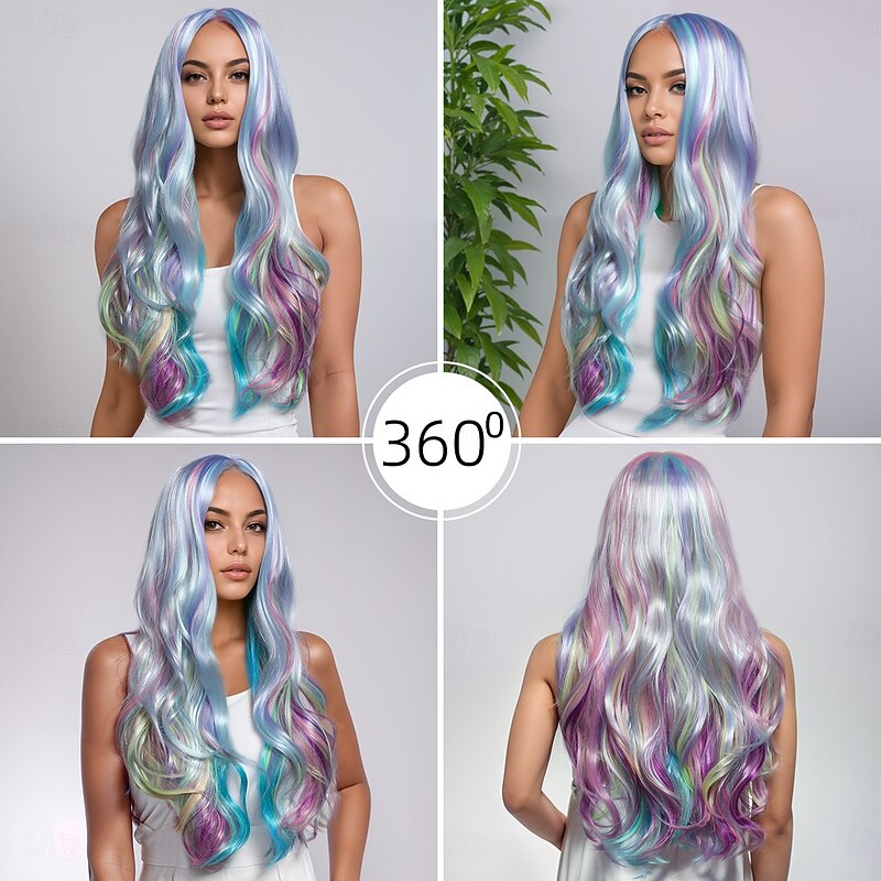 Women's Synthetic Wavy Wig 26 Inch Bouncy Curl Middle Part Deep Parting Machine Made Gradient Mixed Color A1 Comfortable Classic Hair3