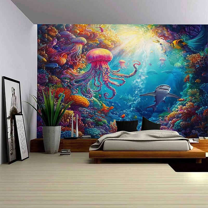 Marine Life Pattern Background Landscape Hanging Tapestry Mural Art Large Tapestry Mural Decoration Photos Background Carpet Curtains Home Bedroom Living Room Decoratio4