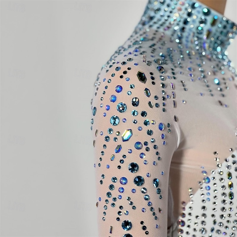 Figure Skating Dress Women's Girls' Ice Skating Dress Sky Blue White Patchwork Open Back Mesh Spandex High Elasticity Training Competition Skating Wear Classic Crystal / Rhinestone Long Sleeve Ice3