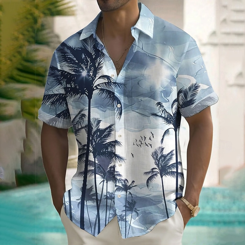 Men's Coconut Tree Tropical Plants Shirt Summer Hawaiian Shirt Button Up Shirt Short Sleeve Hawaiian Vacation Holiday Beach Wear Summer Turndown 3D Print Front One Pocket Linen Like Shirt Blue Purple