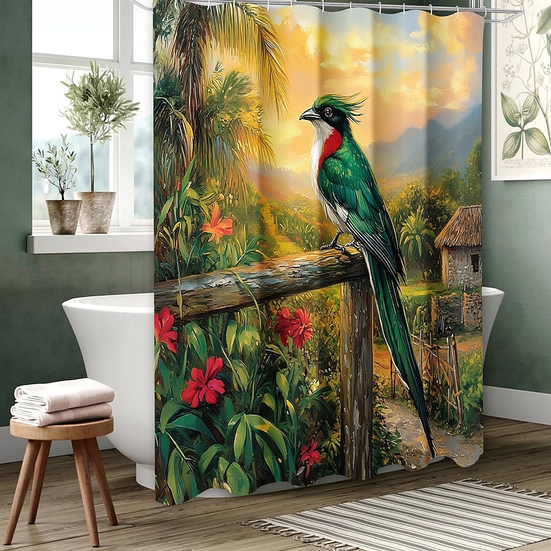 Shower Curtain with Hooks 180cm*180cm(70"*70") Polyester Machine Washable Waterproof Tropical Bird Flowers Leaf Plant Simple Pattern4