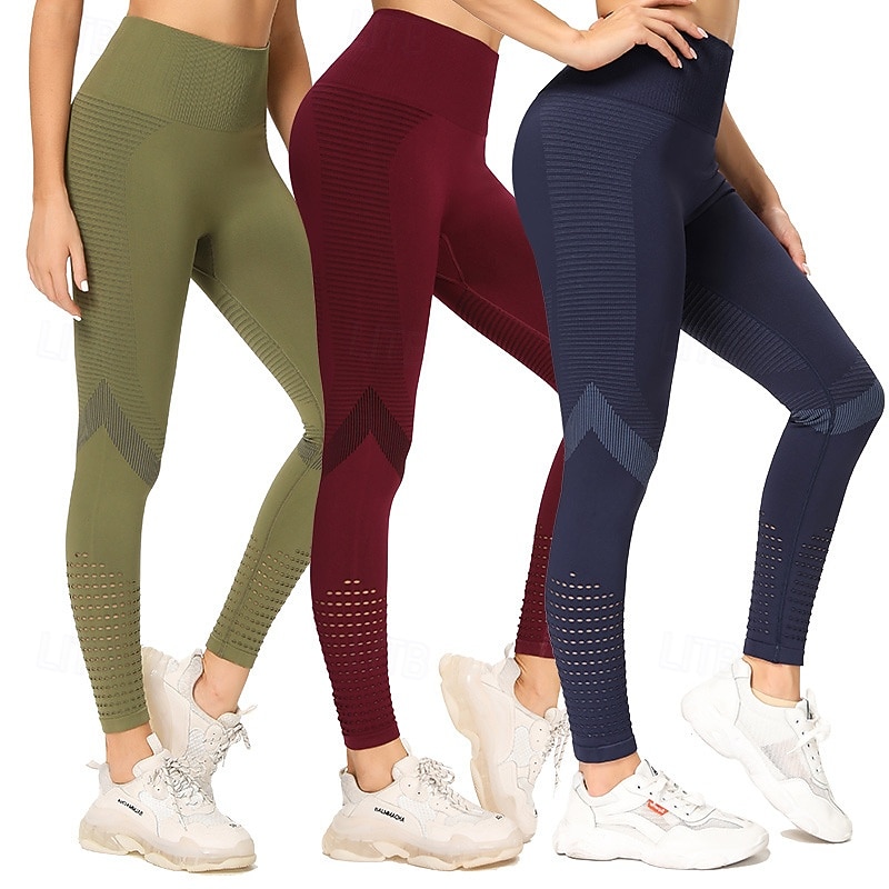 Women's Yoga Pants Yoga Leggings Elastic Waistband Mesh Butt Lift Tummy Control Pilates Gym Workout Workout Pants Solid Color Black Army Green Blue Fall Sports Activewear Stretchy Slim