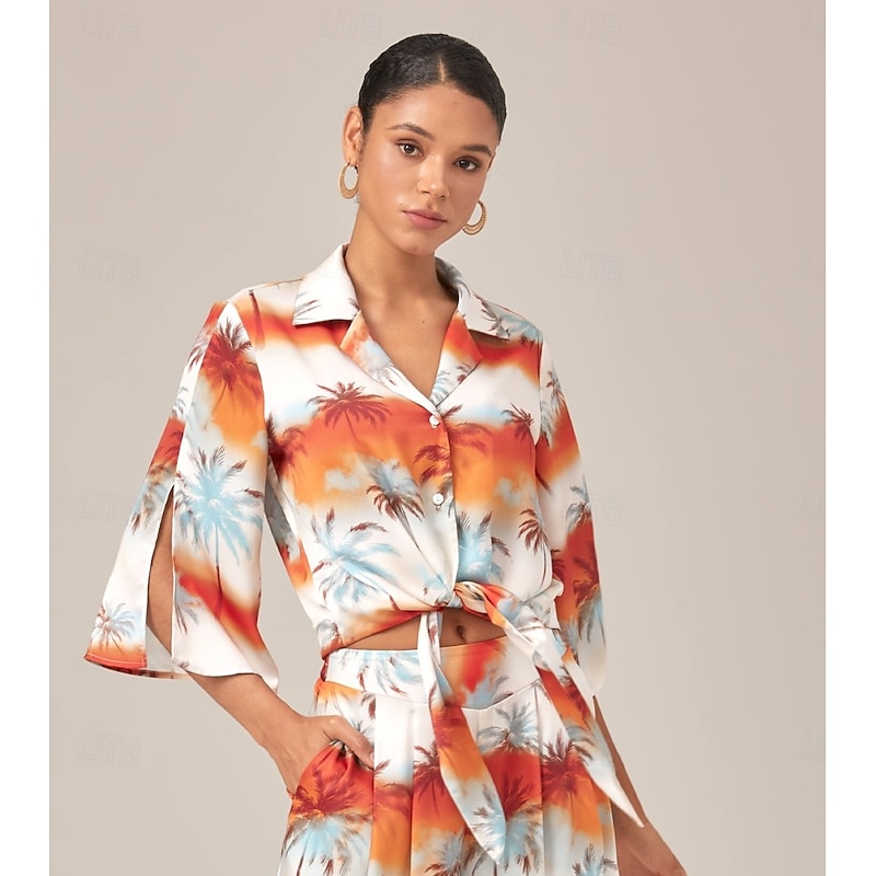 Summer Cuban Collar Tie-front Cropped Loose-fitting Floral Top4