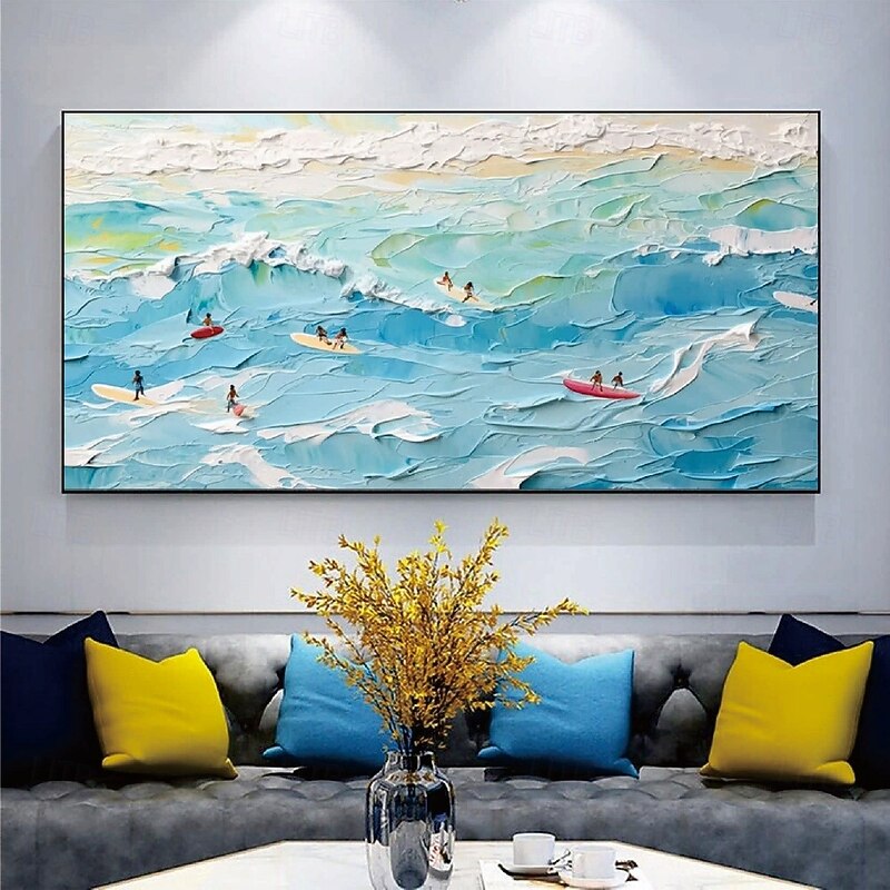 wave oil painting handmade Light Blue Ocean Seascape Sailboat oil paintings Wall Art Abstract Beach Seascape Painting On Canvas painting for Living room Huge Extra Large paintings Wall Art Decor4