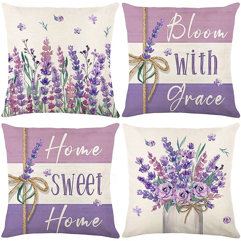 Summer Lavender Decorative Toss Pillows Cover 4PC Soft Square Couch Cushion Case Pillowcase for Bedroom Livingroom Sofa Chair