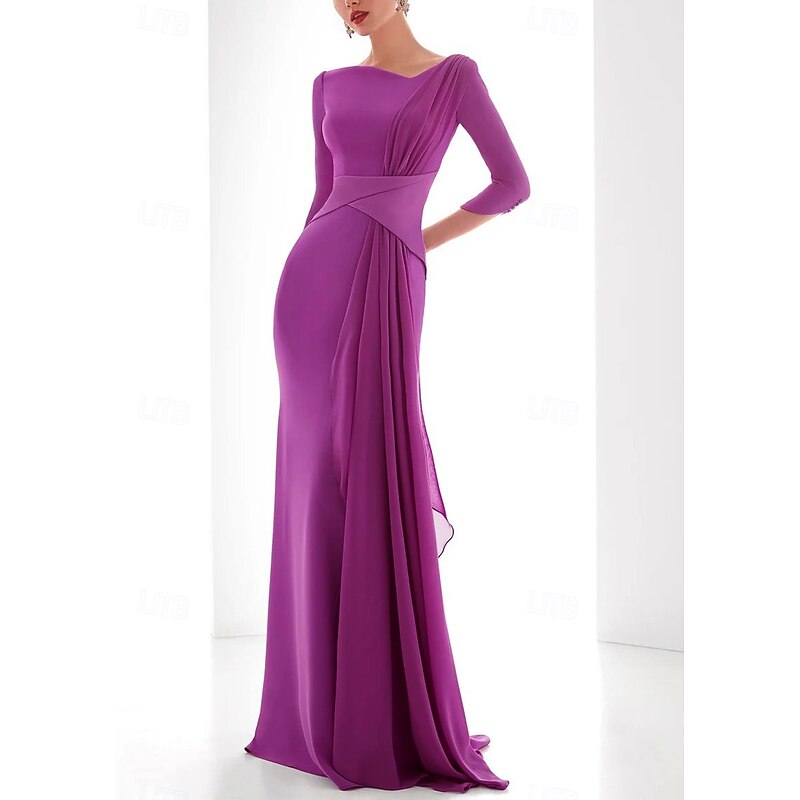 Mermaid Evening Gown Elegant Dress Formal Fall Floor Length 3/4 Length Sleeve V Neck Chiffon with Ruched Ruffles