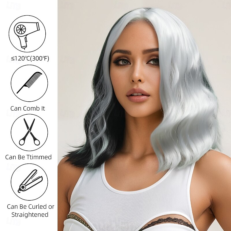 Synthetic Wig Wavy Curly Weave Asymmetrical Neat Bang Machine Made Wig 14 inch A1 Synthetic Hair Women's Middle Part Classic Comfortable Black White2