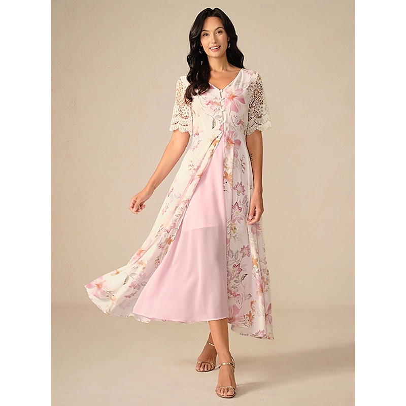 Women's Wedding Guest Cocktail Dress Floral Lace Button V Neck Maxi Dress Elegant Stylish Party Short Sleeve Summer2