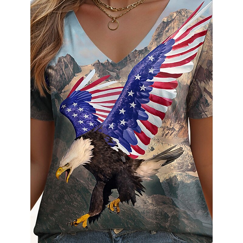 Free from Fear By Vincent Hie Women's T Shirt Graphic Animal American Flag Vintage Stylish Classic Short Sleeve V Neck Regular Tops Daily Weekend Print Blue Summer Spring3