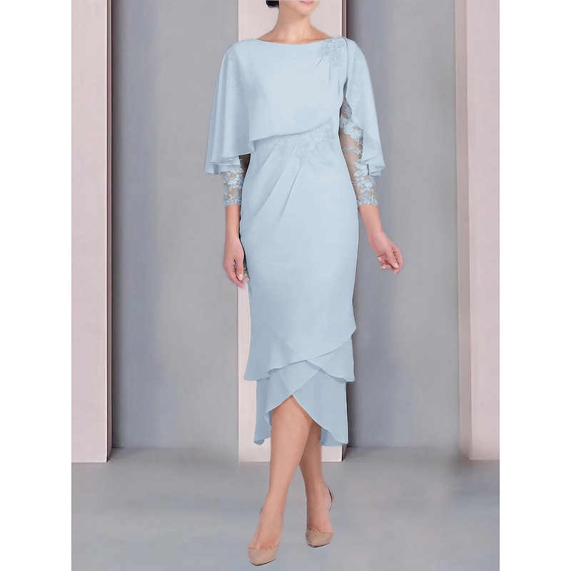 Beach Wedding Sheath Mother of the Bride Dress Wedding Guest Elegant Petite Scoop Neck Tea Length Chiffon 3/4 Length Sleeve with Lace Tier Appliques 5