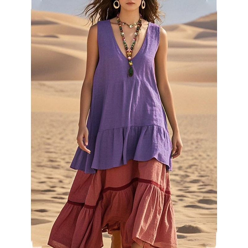 Women's Midi Dress Linen-Inspired Dresses Cotton Linen Dress Fashion Vacation Holiday Slim Color Block Sleeveless V Neck caramel Royal Blue Purple Green Summer2