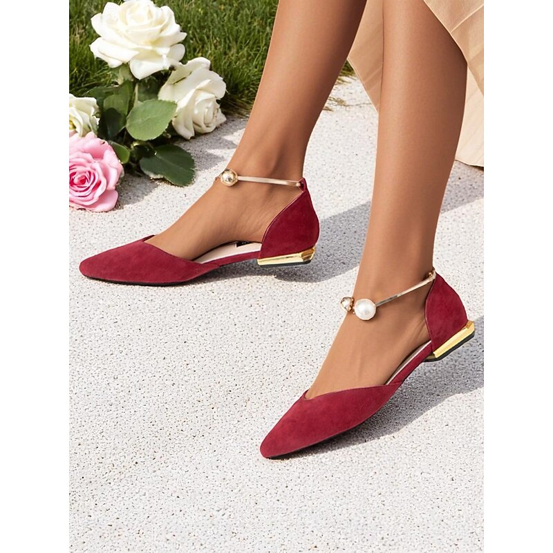 Women's Burgundy Pointed Toe Flats – Suede Shoes with Pearl Anklet Strap for Elegant Daytime Dates2