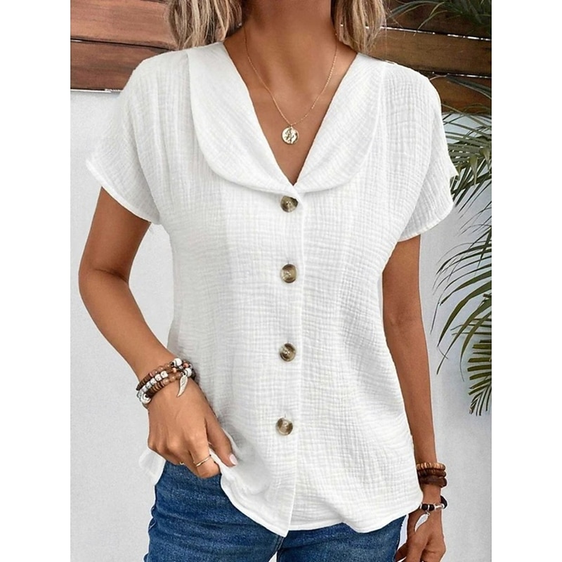 Women's Shirt Button Down Blouse Solid Color Daily Stylish Basic Short Sleeve Shirt Button Down Blouse Collar Regular Tops Daily Buttons White Pink Blue Apricot Summer