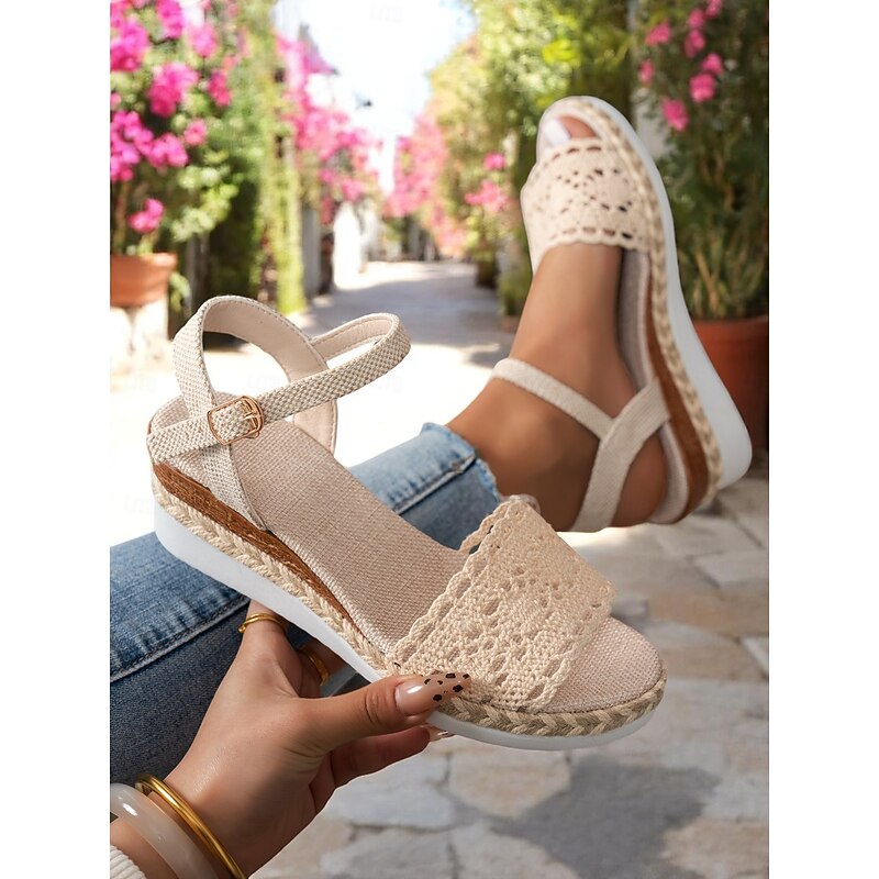 Women's Beige Crochet Wedge Sandals – Bohemian Espadrille Platform with Ankle Strap for Summer Holidays, Beach Walks, and Casual Outings2