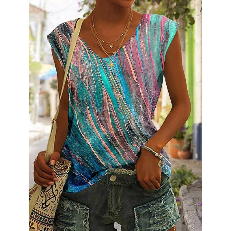 Women's T Shirt Graphic Tie Dye Tropical Stylish Casual Sleeveless V Neck Regular Tops Daily Going out Weekend Print Yellow Blue Green Summer Spring3