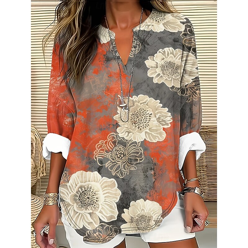 Women's Blouse Tunic V Neck Long Sleeve Boho Casual Tops Floral Graphic Leaf Vintage Tropical Regular Tops Daily Wear Print Navy Blue Orange2