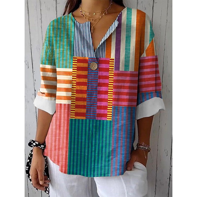Women's Cotton Linen Shirt Graphic Geometric Color Block Vintage Tropical Hawaiian  Regular Tops Daily Holiday Beach Wear Patchwork Buttons Print Pink Green Summer Spring