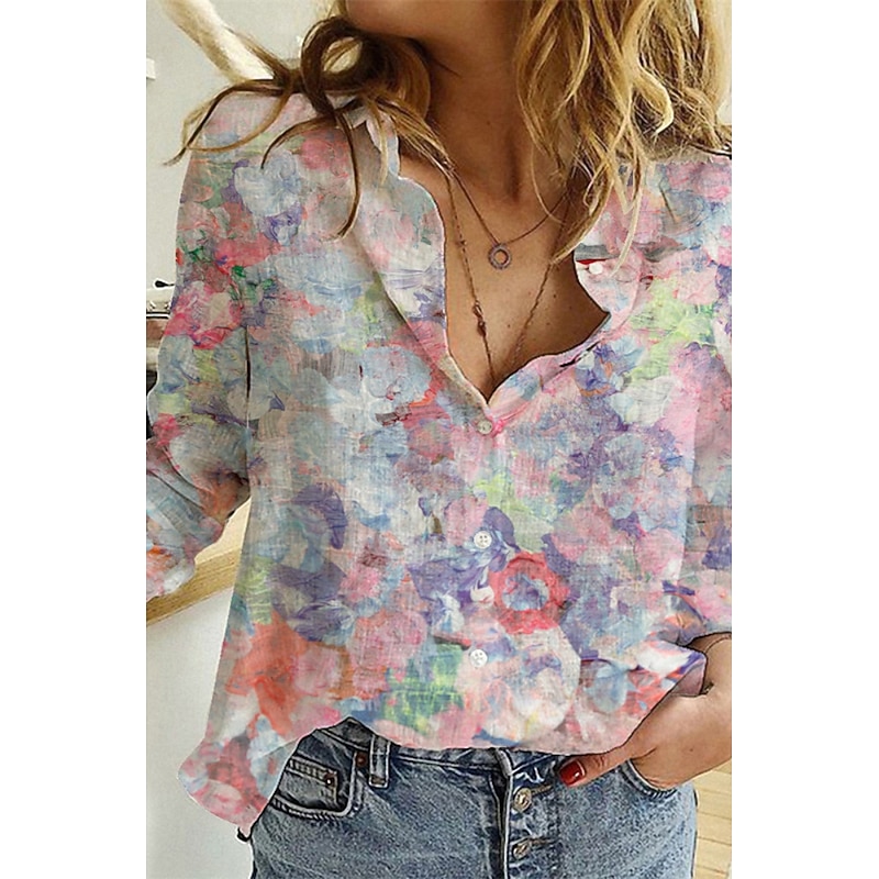 Women's Shirt Button Up Blouse Flower Modern Casual Long Sleeve Shirt Collar Regular Tops Daily Going out Print Yellow Light Green Pink Purple Green Summer