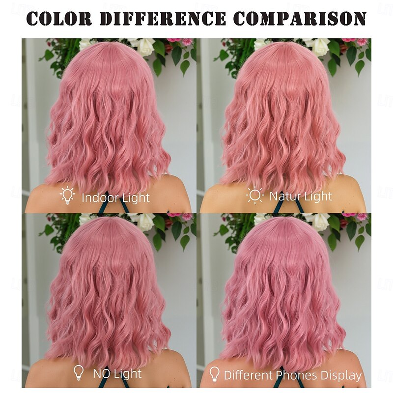 Synthetic Wig Body Wave Curly Weave Asymmetrical Neat Bang Machine Made Wig 14 inch A1 Synthetic Hair Women's Party Classic Comfortable Pink4