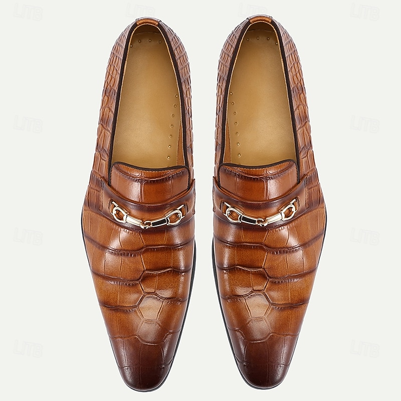 Men's Tan Crocodile Embossed Leather Loafers – Stylish Prom and Banquet Slip-On Dress Shoes with Horsebit Detail4