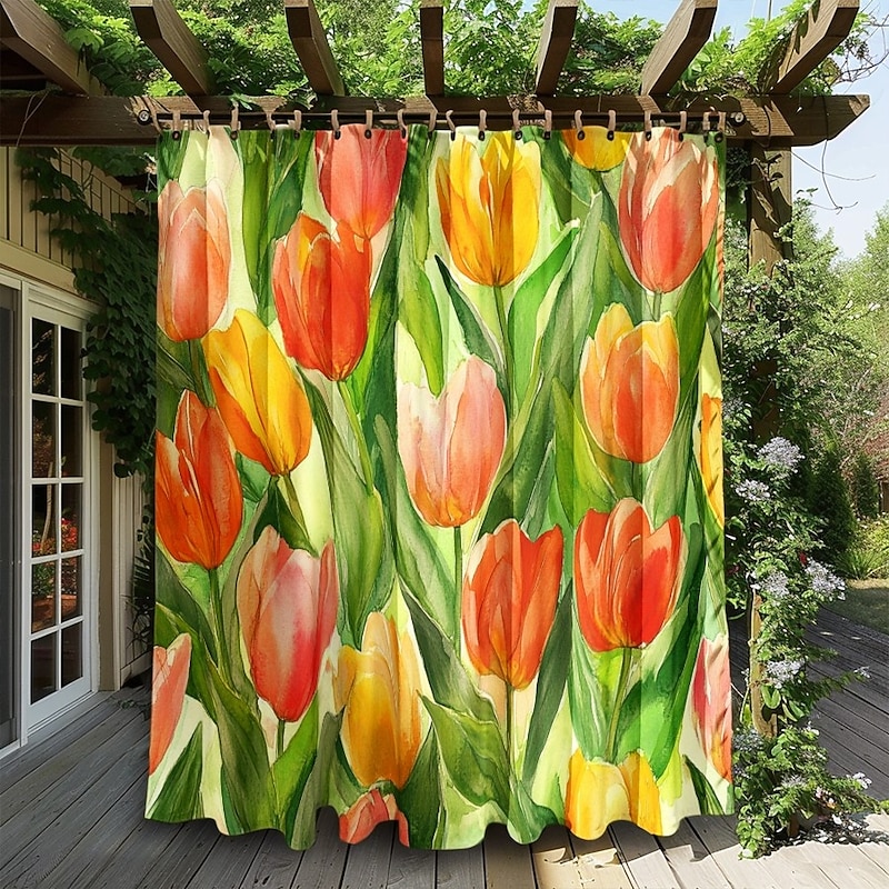 Waterproof Outdoor Curtain Privacy, Sliding Patio Curtain Drapes, Pergola Curtains Grommet 3D Summer Tulips Landscape For Gazebo, Balcony, Porch, Party, 1 Panel3