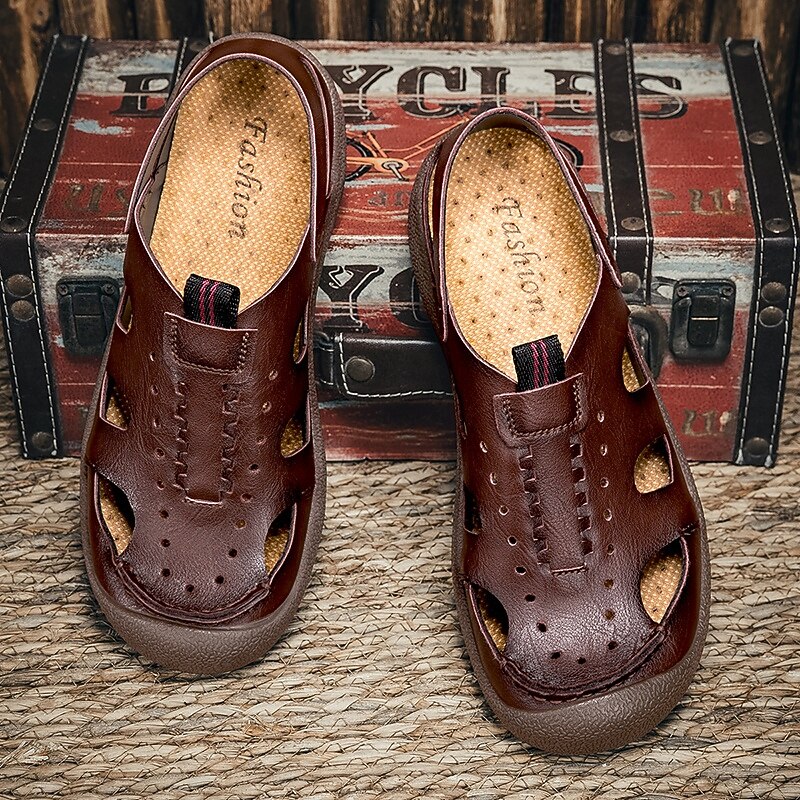 Men's Brown Faux Leather Sandals – Premium Open-Toe Design with Adjustable Straps and Durable Rubber Sole, Perfect for Summer Outings, Beachwear and Vacation Activities2