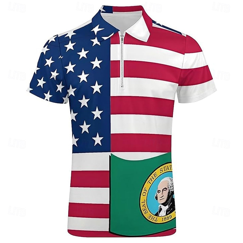 Independence Day Men's American US Flag Zip Polo Short Sleeve Turndown Casual Daily Sports & Outdoor Athleisure Casual Daily Zipper Summer Robin's Egg Blue2