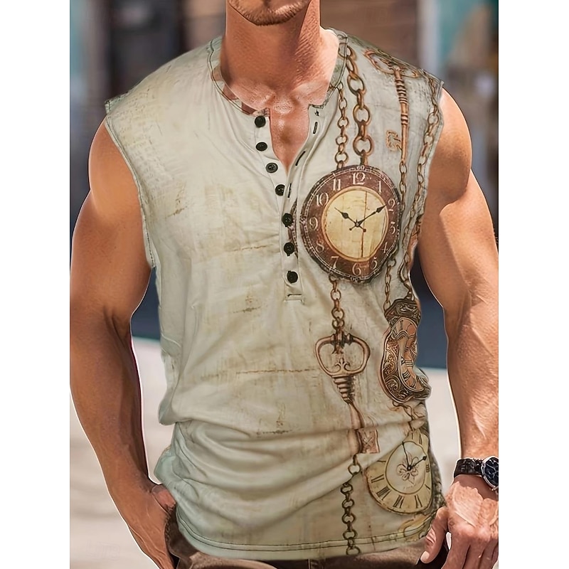 Men's Vintage Tank Top Henley Shirt Sleeveless Vintage Fashion Designer Outdoor Casual Daily Summer Spring &  Fall Khaki Henley Henley T-Shirt