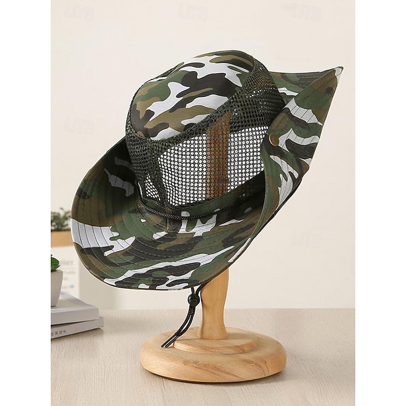 Men's Camouflage Mesh Sun Hat with Wide Brim and Chin Strap – Breathable Outdoor Hiking Fishing Hat for Summer Travel and Camping