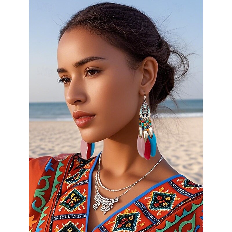 Bohemian Feather Earrings with Colorful Beads, Ethnic Style for Women – Perfect for Summer Festivals, Casual Outings and Vacation Wear4