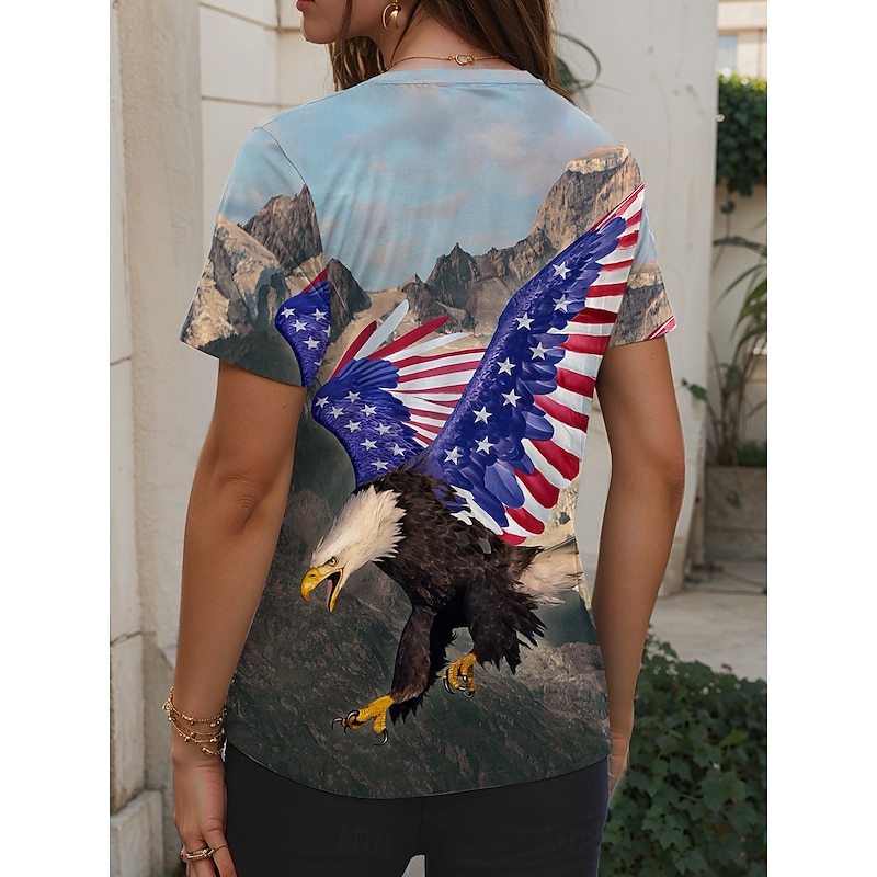 Free from Fear By Vincent Hie Women's T Shirt Graphic Animal American Flag Vintage Stylish Classic Short Sleeve V Neck Regular Tops Daily Weekend Print Blue Summer Spring2