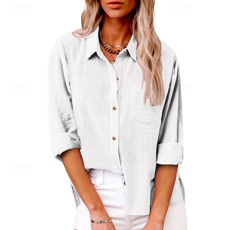 Women's Shirt Cotton Linen Shirts Button Up Blouse Plain Basic Modern Long Sleeve Shirt Collar Regular Tops Holiday Going out Buttons Pocket Black White Pink Army Green Navy Blue Summer