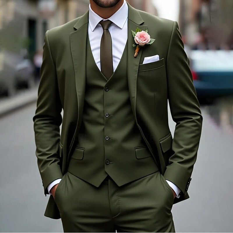 Men's Wedding Business Suits Notch Lapel Army Green Fashion Formal Solid Colored Standard Fit 3 Piece Single Breasted Two-buttons