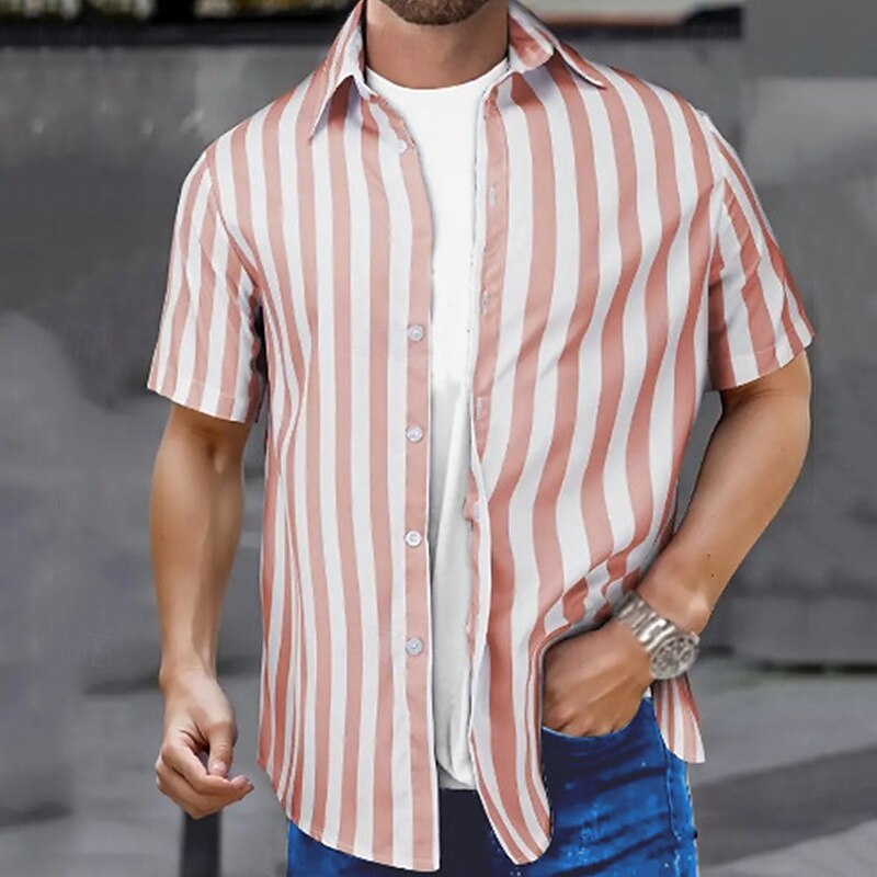Men's Shirt Summer Shirt Casual Shirt Beach Shirt Button Up Shirt Black Pink Sky Blue Gray Short Sleeve Striped Lapel Vacation Hawaiian Buttons Clothing Apparel Polyester Fashion Casual Comfortable