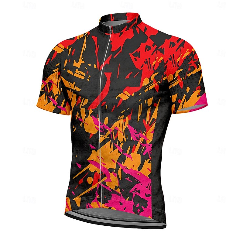 Men's Cycling Jersey Graphic Geometric Short Sleeve Bike Tee Tshirt Top with 3 Rear Pockets UV Resistant Quick Dry Front Zipper Reflective Strips Sports Red Clothing Apparel