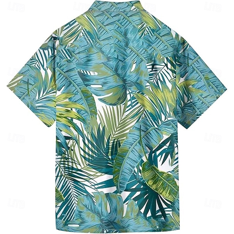Men's Palm Leaf Tropical Plants Shirt Summer Hawaiian Shirt Button Up Shirt Short Sleeve Hawaiian Resort Vacation Holiday Beach Wear Summer Spring Turndown 3D Print Collared Shirts White Blue2