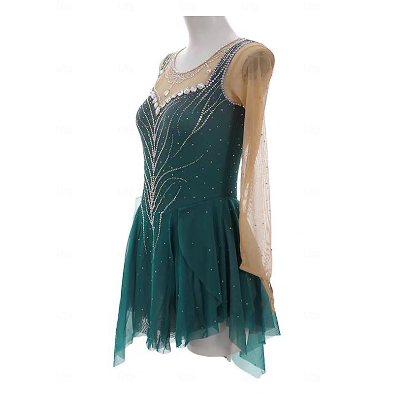 Figure Skating Dress Women's Girls' Ice Skating Dress Dark Green Patchwork Thumbhole Mesh Spandex Stretchy Training Practice Professional Skating Wear Thermal Warm Crystal / Rhinestone Long Sleeve4